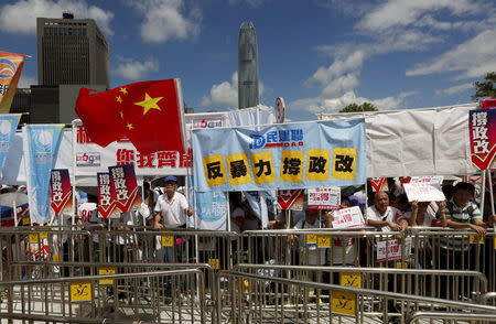 A pro-China supporter waves a Chinese national flag during a demonstration outside Legislative Council in Hong Kong, China June 17, 2015. REUTERS/Bobby Yip