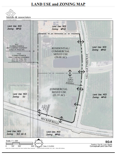 A map shows the intended uses for the north and south parcels of a Mattamy Palm Beach LLC development at Village Parkway and Becker Road in the Port St. Lucie Southern Grove area.