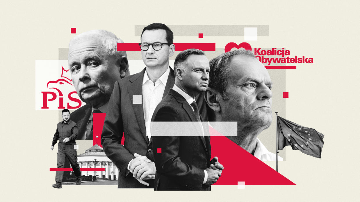  Montage of Polish politicians Kaczyński, Morawiecki, Duda and Tusk . 