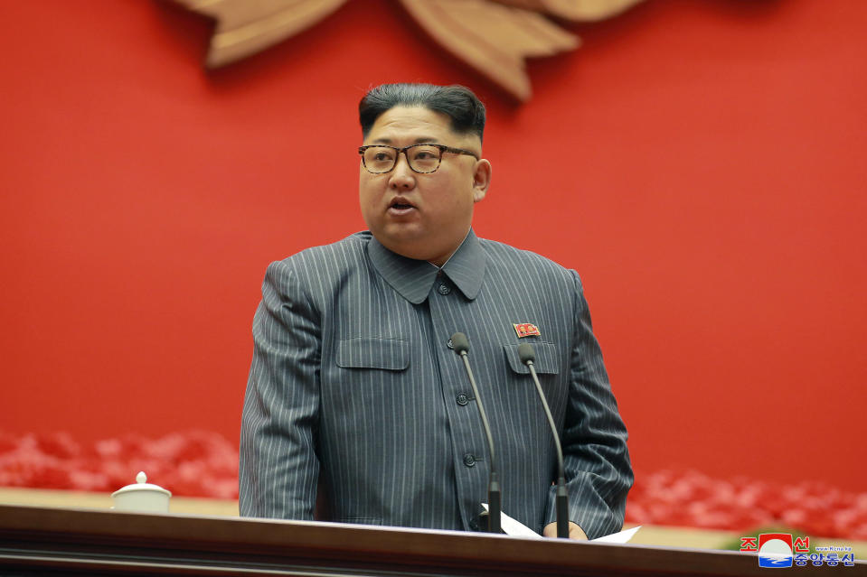 <p>In this Dec. 23, 2017, photo distributed on Dec. 24, 2017, by the North Korean government, North Korean leader Kim Jong Un speaks during the conference of cell chairpersons of the ruling party in Pyongyang. North Korea on Sunday, Dec. 24, called the latest U.N. sanctions to target the country “an act of war” that violates its sovereignty, and said it is a “pipe dream” for the United States to think it will give up its nuclear weapons. Independent journalists were not given access to cover the event depicted in this image distributed by the North Korean government. The content of this image is as provided and cannot be independently verified. Korean language watermark on image as provided by source reads: “KCNA” which is the abbreviation for Korean Central News Agency. (Korean Central News Agency/Korea News Service via AP) </p>