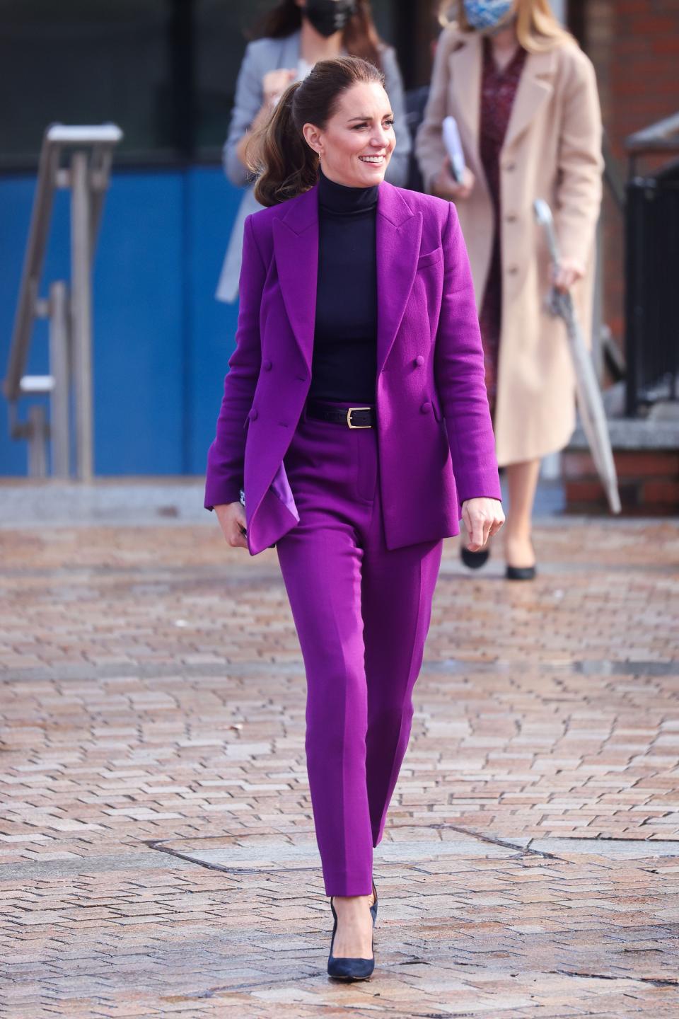 kate middleton wearing a purple suit in september 2021