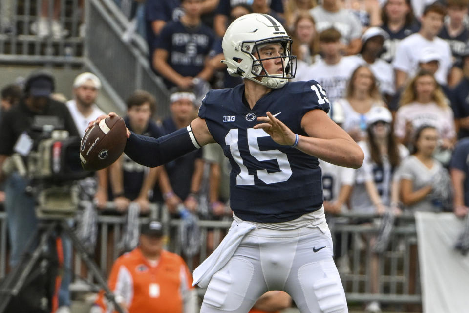 Penn State quarterback Drew Allar takes the reins of the offense after four-year starter Sean Clifford moved on. How will Allar handle the pressure? (AP Photo/Barry Reeger)