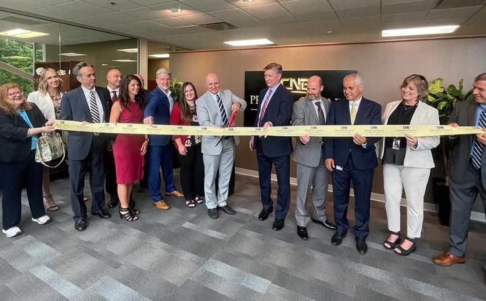 CNB Bank. along with the Chamber of Business and Industry Centre County, hosts a ribbon-cutting ceremony and open house at its new Gatesburg Road office in State College on July 27, 2023.