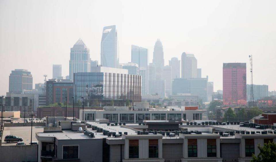 The Charlotte skyline appears hazy due to recent wildfires spread across Canada on Wednesday, June 7 2023. The wildfires have spread smoke throughout north and southeastern continental United States states.