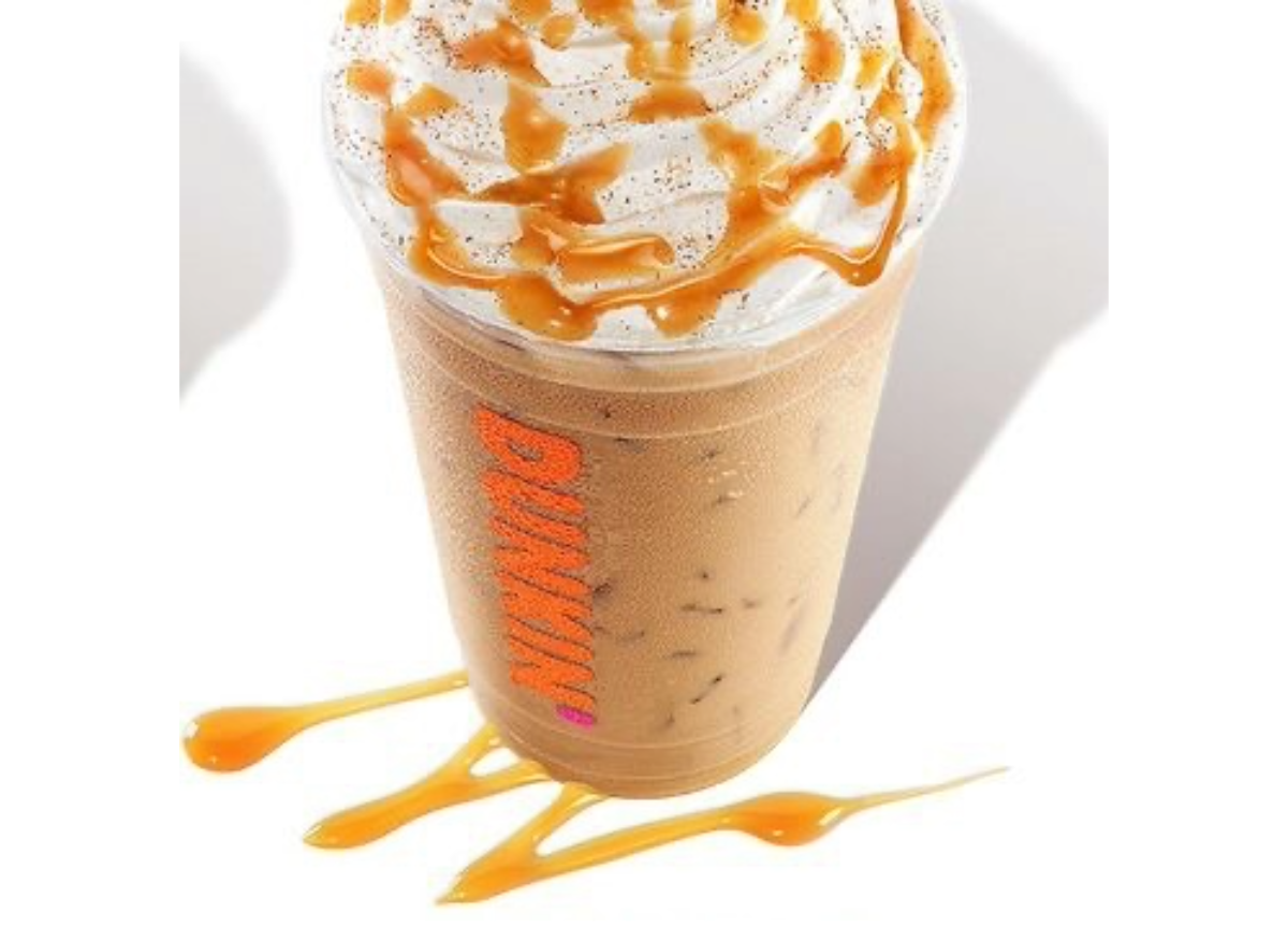 dunkin iced caramel craze latte on white background.