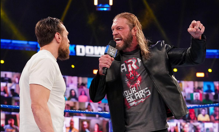 Edge and Daniel Bryan share an exchange during an episode of Smackdown. (Photo courtesy of WWE)