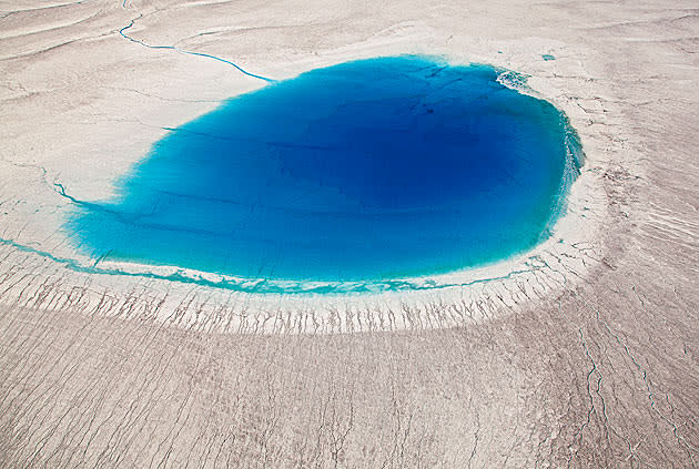 <b>Frozen Planet, BBC One, Wed, 9pm</b><br><b> Episode 1</b><br><br>Aerial shot of sapphire blue meltwater lake on Greenland ice sheet. It formed in a matter of days, was several miles wide and carved a meltwater channel through the ice eventually plunging a vertical mile into the heart of the ice sheet. Although tempting to go for a dip in the middle of the day, it was sobering to think that you could get sucked out and swept down the moulin. Several weeks later a crack appeared on the lake bed and the entire lake drained into the ice sheet in a matter of hours.