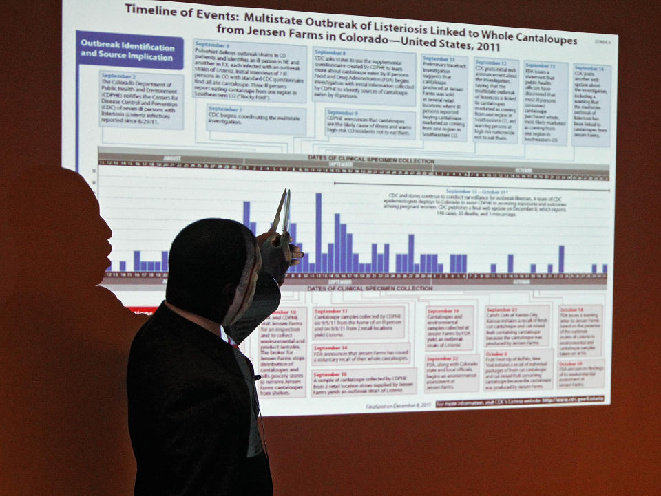 Larry Goodridge, an associated professor with Colorado State University, uses a graphic as he talks about the 2011 cantaloupe listeria outbreak during the Governor's Forum on Colorado Agriculture in Denver on Thursday, Feb. 23, 2012. A listeria outbreak in cantaloupe traced to Jensen Farms in southern Colorado last year killed 32 people around the country, according to the Centers for Disease Control and Prevention. (AP Photo/Ed Andrieski)