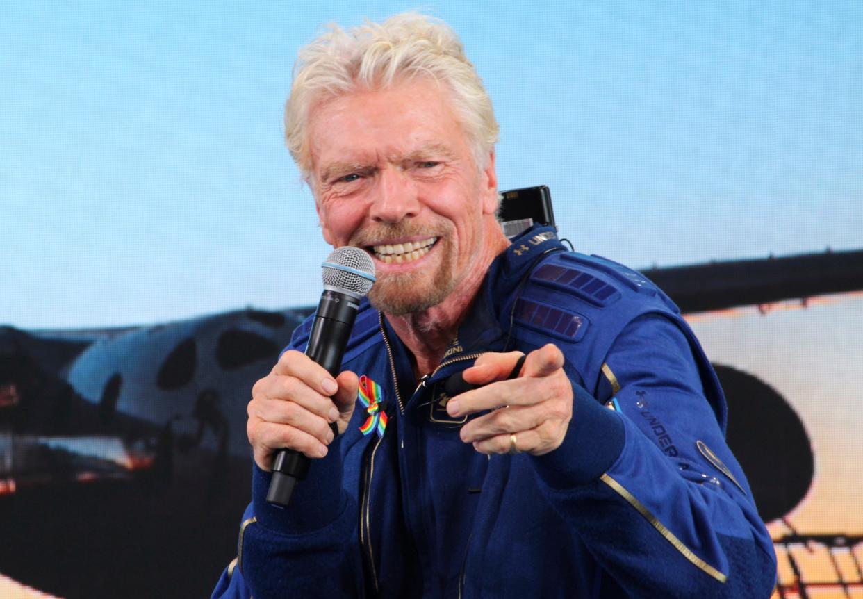 Virgin Galactic founder Richard Branson answers students' questions during a news conference in 2021 at Spaceport America near Truth or Consequences, N.M.