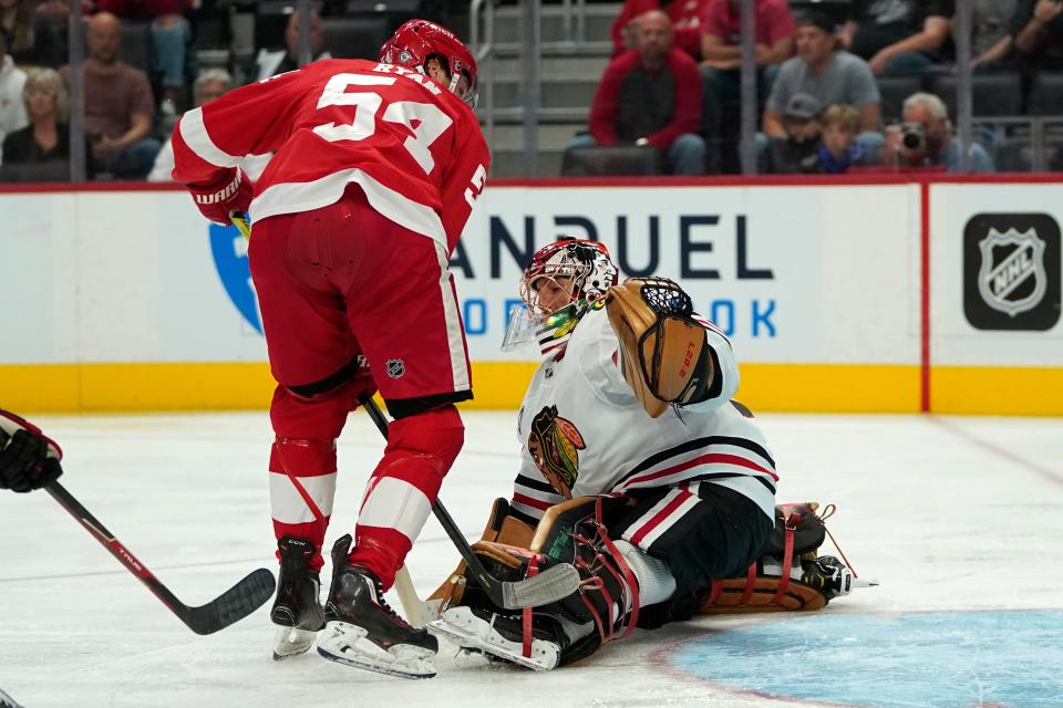 Red Wings forward Bobby Ryan scores on Blackhawks goaltender Marc-Andre Fleury in the second period of the preseason game on Monday, Oct. 4, 2021, at Little Caesars Arena.