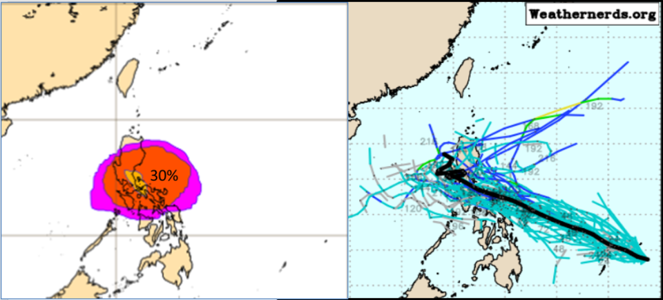 菲律賓東方海面有熱帶擾動。（圖／翻攝ECMWF、Weathernerd.org）