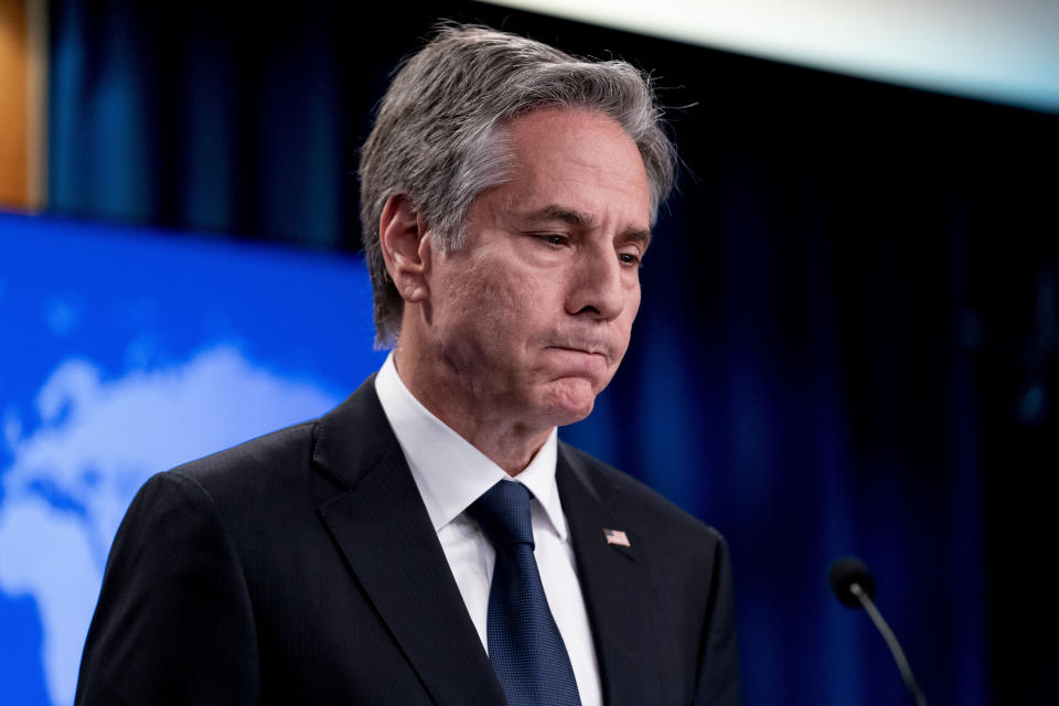 Secretary of State Antony Blinken ends a news conference, Wednesday, July 27, 2022, at the State Department in Washington. The Biden administration has offered a deal to Russia aimed at bringing home WNBA star Brittney Griner and another jailed American Paul Whelan. That's according to Blinken, who also revealed that he had asked to speak with his Kremlin counterpart for the first time in months in hopes of expediting an answer from Russia. (AP Photo/Andrew Harnik)