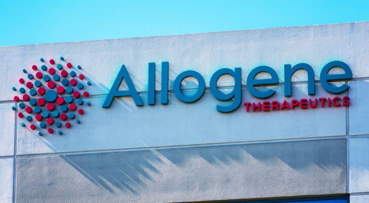 The logo for Allogene Therapeutics Inc (ALLO) is displayed on a building front.