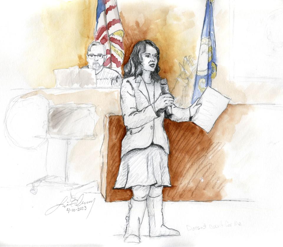 This courtroom sketch depicts Madison County Magistrate Judge Steven Boyce listening to Fremont County Prosecuting Attorney Lindsey Blake during opening statements of Lori Vallow Daybell’s murder trial in Boise, Idaho.