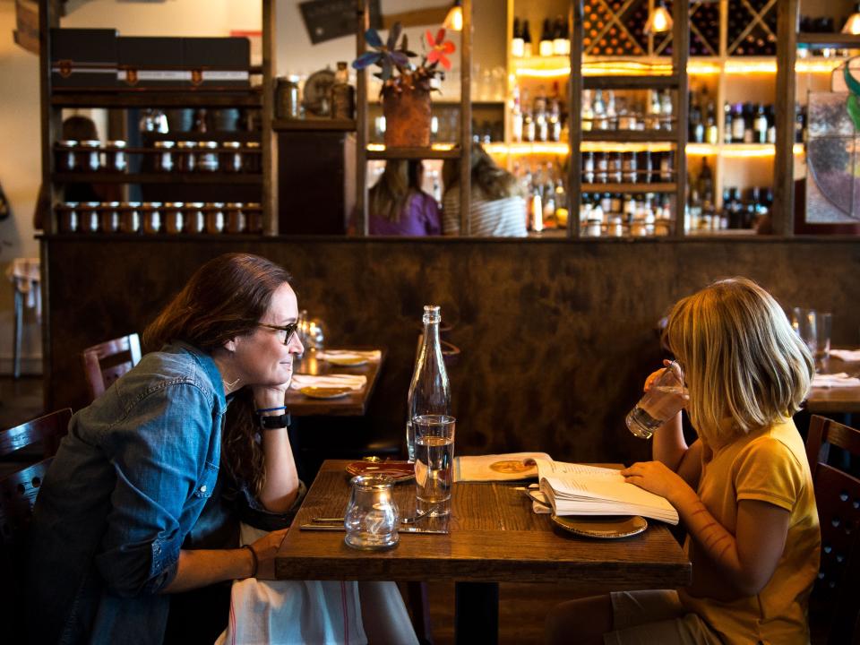 Susannah Felts and her daughter Thalia Dills, 8, dine during community hour at Lockeland Table, Tuesday, Nov. 1, 2016, in Nashville, Tenn. Community hour is from 4-6pm and a portion of the proceeds go to the Lockeland Design Center PTO.