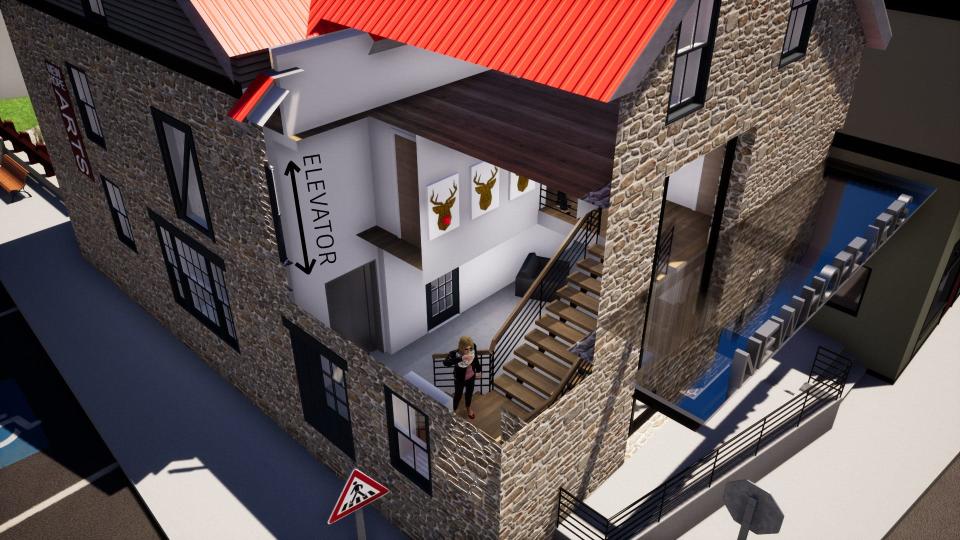 A rendering of proposed renovations of the New Hope Arts Center shows plans that include a new facade, signage, elevator and open stairway.