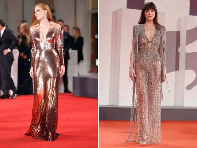 <p>Getty Images</p> Jessica Chastian and Dakota Johnson in Gucci.