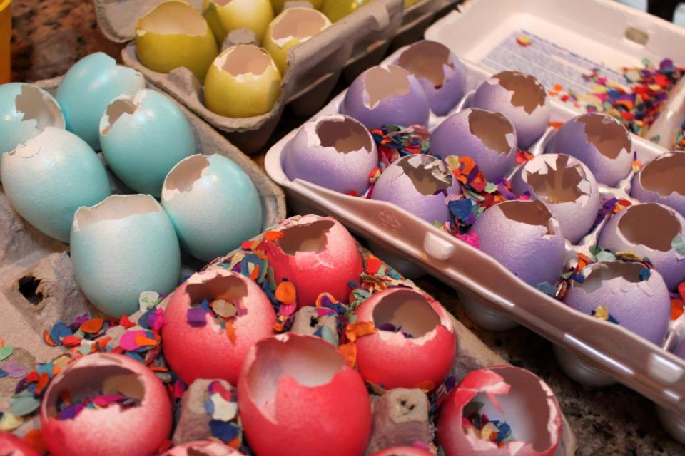 In this March 2012 image released by Cynthia Leonor Garza, a batch of cascarones are shown at the home of Cynthia Leonor Garza in Washington, D.C. Cascarones are hollowed-out eggs that are dyed, decorated and filled with confetti, then covered with a colorful piece of tissue paper. At Easter time, families make or buy cascarones, which is Spanish for "eggshells," for crushing over each other's heads. The tradition came to the United States from Mexico, where cascarones were used during fiestas and other celebrations. In the United States, it has become primarily an Easter tradition. (AP Photo/Cynthia Leonor Garza)