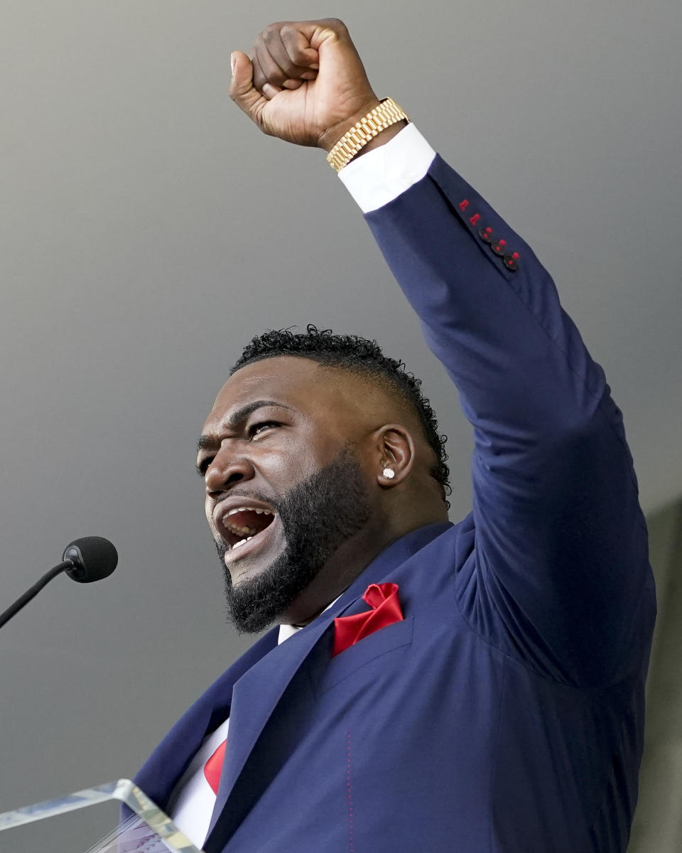 Hall of Fame inductee David Ortiz, formerly of the Boston Red Sox baseball team, speaks during the National Baseball Hall of Fame induction ceremony, Sunday, July 24, 2022, in Cooperstown, N.Y. (AP Photo/John Minchillo)