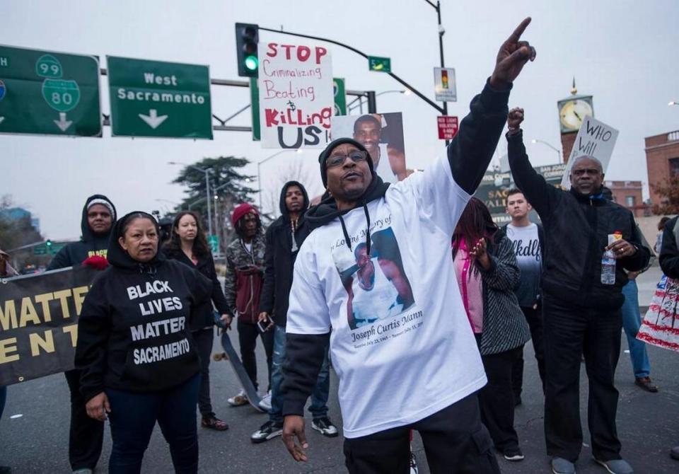 Robert Mann, whose brother Joseph Mann was fatally shot by Sacramento Police, joins a protest in Sacramento in 2017. An officer was fired for the shooting, the last time such a punishment has been documented.