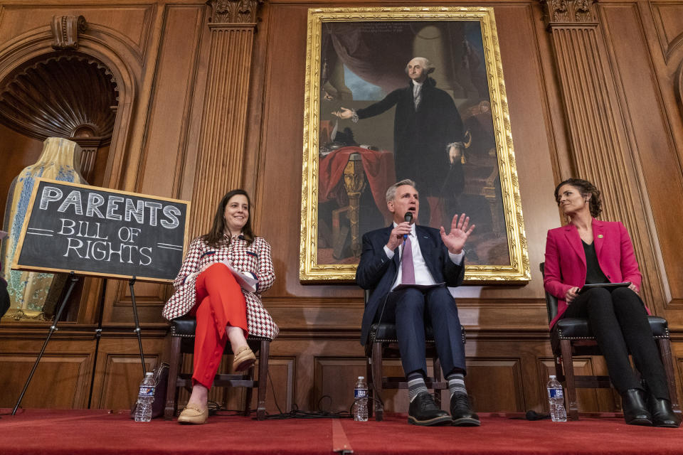 FILE - Speaker of the House Kevin McCarthy, center, with Rep. Elise Stefanik, R-N.Y., left, and Rep. Julia Letlow, R-La., speaks about proposed legislation dubbed the "Parents Bill of Rights," Wednesday, March 1, 2023, on Capitol Hill in Washington. (AP Photo/Jacquelyn Martin, File)