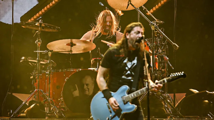 Taylor Hawkins and Dave Grohl of the Foo Fighters perform on stage in Australia in early March 2022. <span class="copyright">Paul Rovere/The Age/Fairfax Media </span>