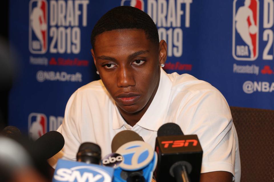 Jun 19, 2019; New York, NY, USA; RJ Barrett of Duke speaks to the media during a 2019 NBA Draft draft prospects press conference at the Grand Hyatt. Mandatory Credit: Brad Penner-USA TODAY Sports