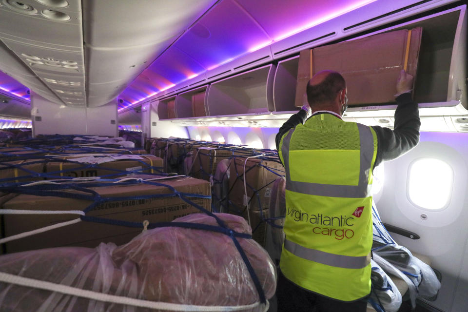 A Virgin Atlantic charter flight lands at Heathrow Airport, London, delivering vital medical supplies to UK from Shanghai. Itis one of eight cargo-only flights, in partnership with the Department of Health and the NHS, that Virgin Atlantic is operating during April.