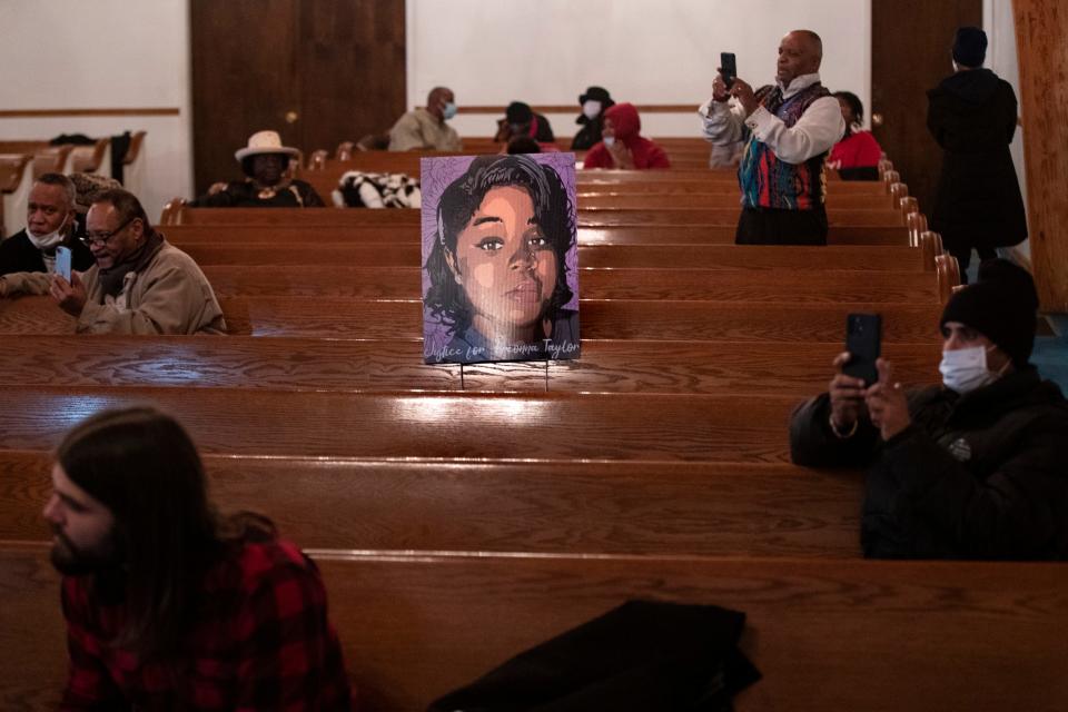 A portrait of Breonna Taylor sits alone in the church pews during Martin Luther King, Jr. Day services at King Solomon Missionary Baptist Church on Monday. Jan. 18, 2021