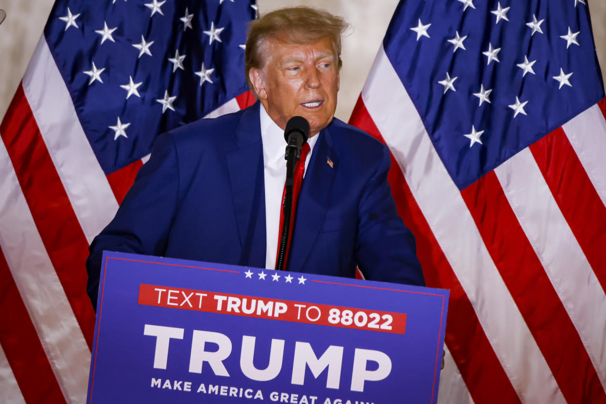 PALM BEACH, FLORIDA - APRIL 04: Former U.S President Donald Trump makes statements at his Mar-a-Lago estate after being arraigned in New York City, on April 04, 2023, in Palm Beach, Florida. (Photo by Stringer/Anadolu Agency via Getty Images)