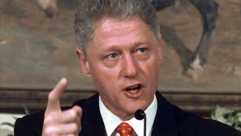 President Clinton angrily shakes his finger as he denies any improper behavior with an intern during a child care event Monday, Jan. 26, 1998, in the White House Roosevelt Room. “I did not have sexual relations with that woman,” Clinton said. “I never told anybody to lie.”