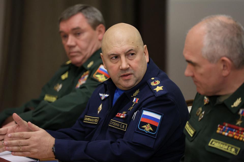 Commander of Russia's Aerospace Forces Sergei Surovikin, Chief of the General Staff of the Russian Armed Forces Valery Gerasimov and Head of the Main Operational Directorate of the Armed Forces' General Staff Sergei Rudskoi attend a meeting with President Vladimir Putin in Sochi, Russia, November 3, 2021.