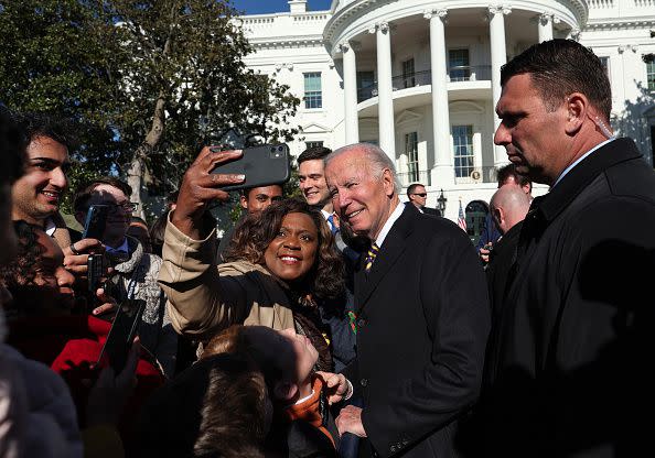 WASHINGTON, DC - NOVEMBER 21: U.S. President Joe Biden greets visitors after pardoning the National Thanksgiving Turkeys Chocolate and Chip on the South Lawn of the White House November 21, 2022 in Washington, DC. Chocolate and Chip were raised at Circle S. Ranch, outside of Charlotte, North Carolina, and will reside on the campus of North Carolina State University following today's ceremony. (Photo by Win McNamee/Getty Images)