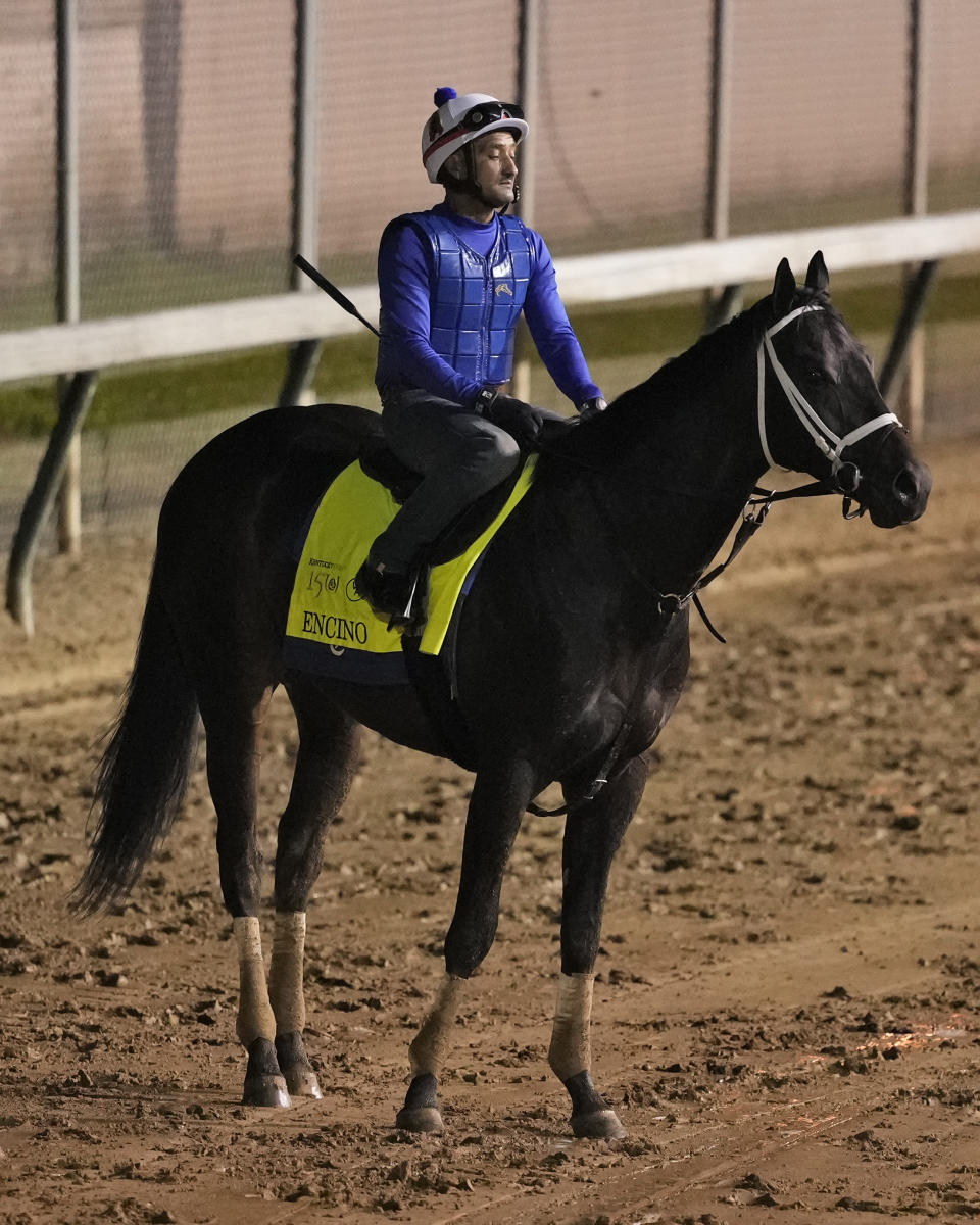 Kentucky Derby hopeful Encino works out at Churchill Downs Tuesday, April 30, 2024, in Louisville, Ky. The 150th running of the Kentucky Derby is scheduled for Saturday, May 4. (AP Photo/Charlie Riedel)
