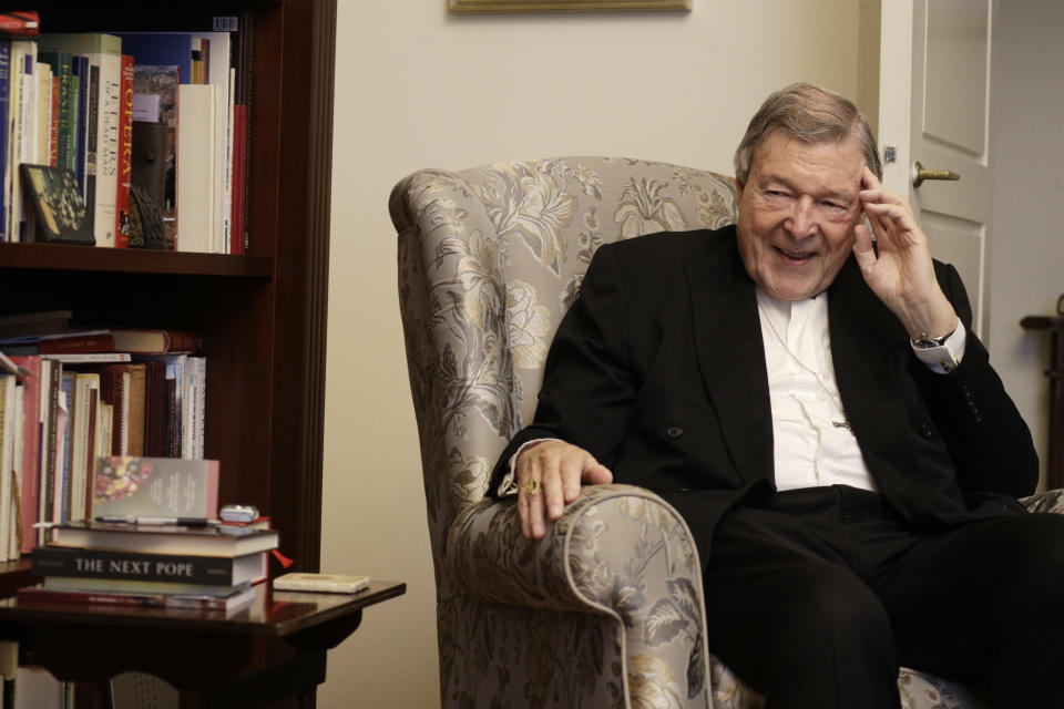 Australian Cardinal George Pell is interviewed by The Associated Press in his home at the Vatican, Thursday, May 20, 2021. Pell, who was convicted and then acquitted of sex abuse charges in his native Australia, is spending his newfound freedom in Rome. Pell strongly denied the charges and his supporters believe he was scapegoated for the Australian Catholic Church’s botched response to clergy sexual abuse. (AP Photo/Gregorio Borgia)