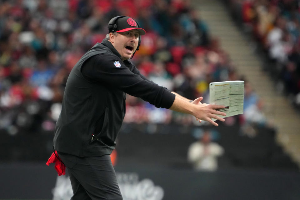 Oct 1, 2023; London, United Kingdom; Atlanta Falcons coach Arthur Smith reacts against the Jacksonville Jaguars in the second half during an NFL International Series game at Wembley Stadium. Mandatory Credit: Kirby Lee-USA TODAY Sports