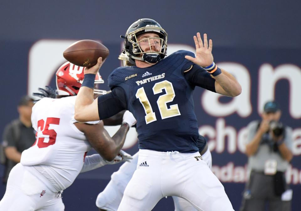 Sep 1, 2018; Miami, FL, USA;  FIU Golden Panthers quarterback James Morgan (12) throws a pass against the Indiana Hoosiers in the first quarter at Riccardo Silva Stadium. Mandatory Credit: Kirby Lee-USA TODAY Sports