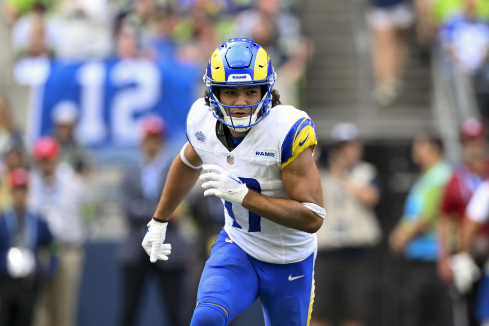 SEATTLE, WASHINGTON - SEPTEMBER 10: Puka Nacua #17 of the Los Angeles Rams in action during the game against the Seattle Seahawks at Lumen Field on September 10, 2023 in Seattle, Washington. The Los Angeles Rams won 30-13. (Photo by Alika Jenner/Getty Images)