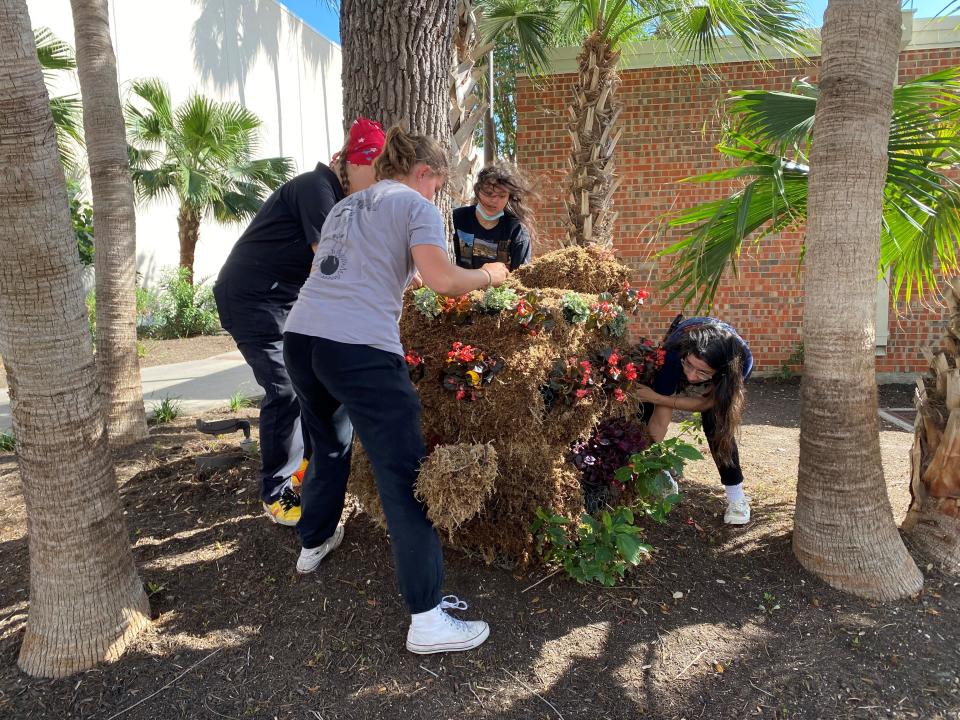 Kathryn Chambers, 21, works with her classmates and professor April Terra Livingston to install a living sculpture of a Texas rattlesnake at Texas A&M University-Corpus Christi on Thursday, April 28, 2022.