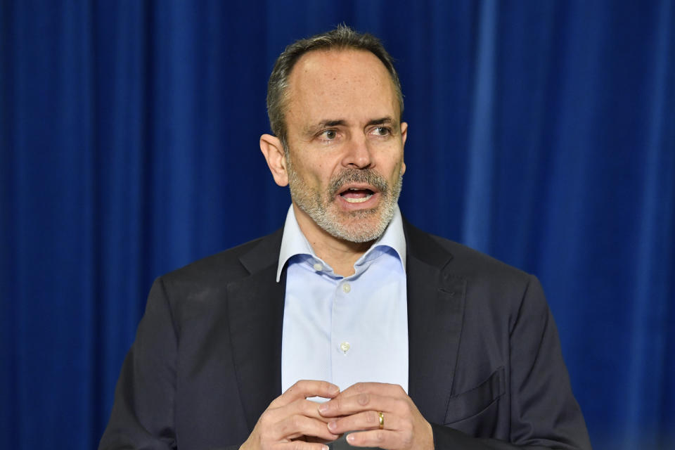 Former Kentucky Governor Matt Bevin speaks to the media gathered in the Kentucky Capitol Rotunda in Frankfort, Ky., Friday, Jan. 6, 2023. Bevin had hinted that he would declare his candidacy for the office of Governor in the Republican primary, but after his speech he left the Capitol without filing. (AP Photo/Timothy D. Easley)