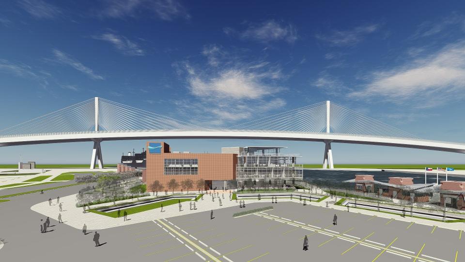 In this 2018 rendering of the Port of Corpus Christi's new headquarters is a depiction of the Harbor Bridge replacement currently under construction.
