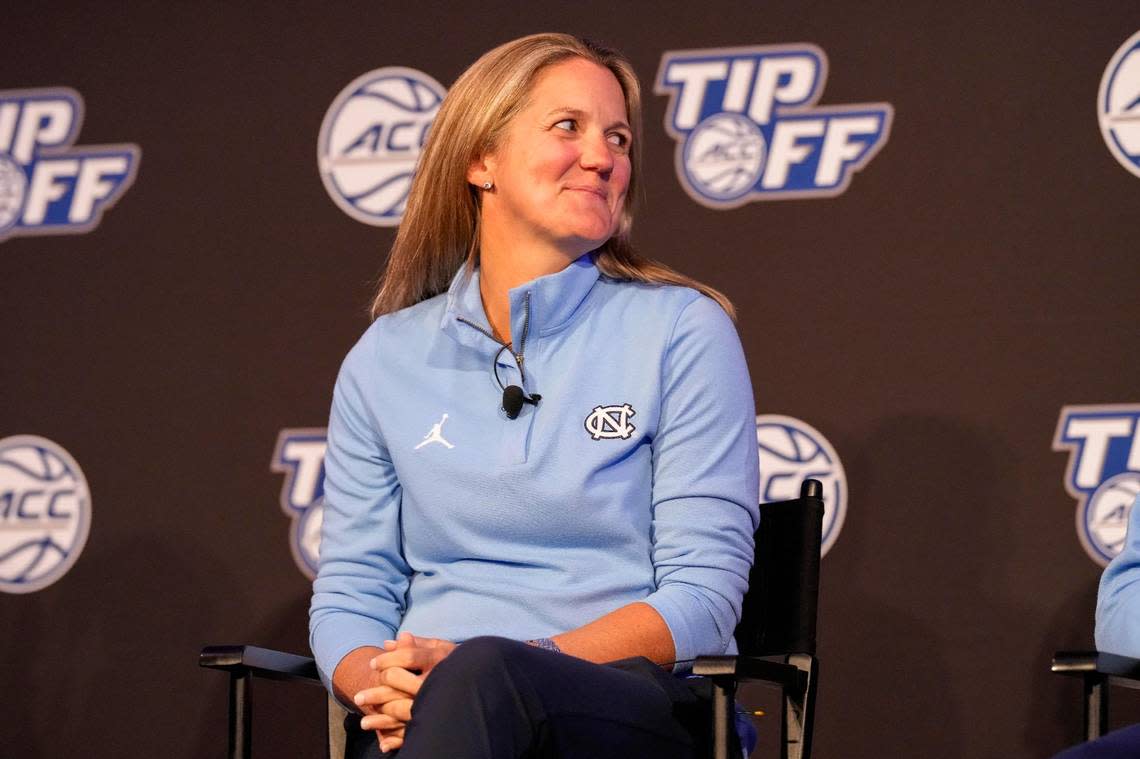 Oct 12, 2022; Charlotte, North Carolina, US; UNC coach Courtney Banghart during the ACC Womens Basketball Tip-Off in Charlotte, NC. Mandatory Credit: Jim Dedmon-USA TODAY Sports