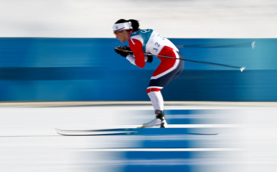 <p>Marit Bjoergen, of Norway, competes during the women’s 10km freestyle cross-country skiing competition at the 2018 Winter Olympics in Pyeongchang, South Korea, Thursday, Feb. 15, 2018. (AP Photo/Matthias Schrader) </p>