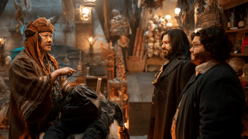 Benedict Wong, Matt Berry and Harvey Guillén in "What We Do in the Shadows" (FX)