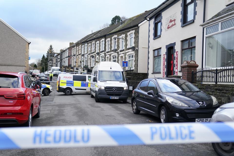 The scene on Moy Road in the village of Aberfan, South Wales, after a 29-year-old woman was stabbed (PA)