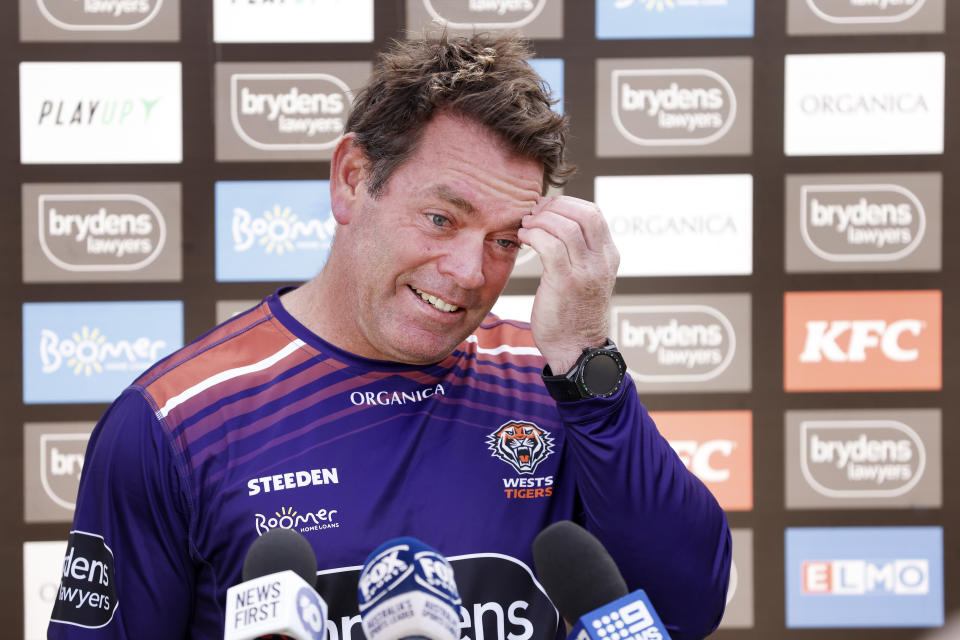 Brett Kimmorley, pictured here speaking to reporters at a Wests Tigers media opportunity.