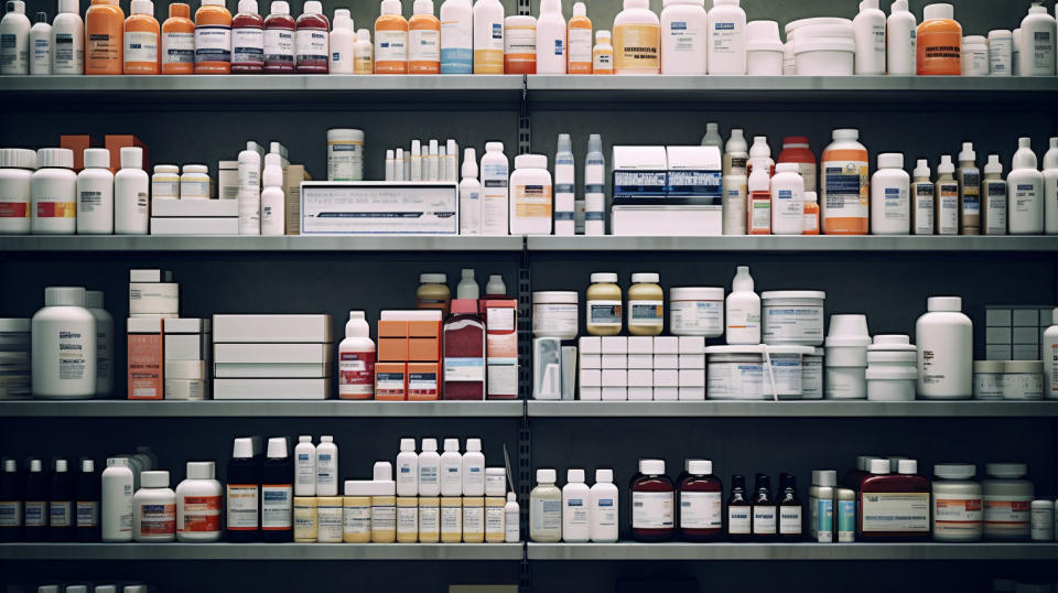 A series of pharmaceutical and medical products in a warehouse, displaying the range of products available.
