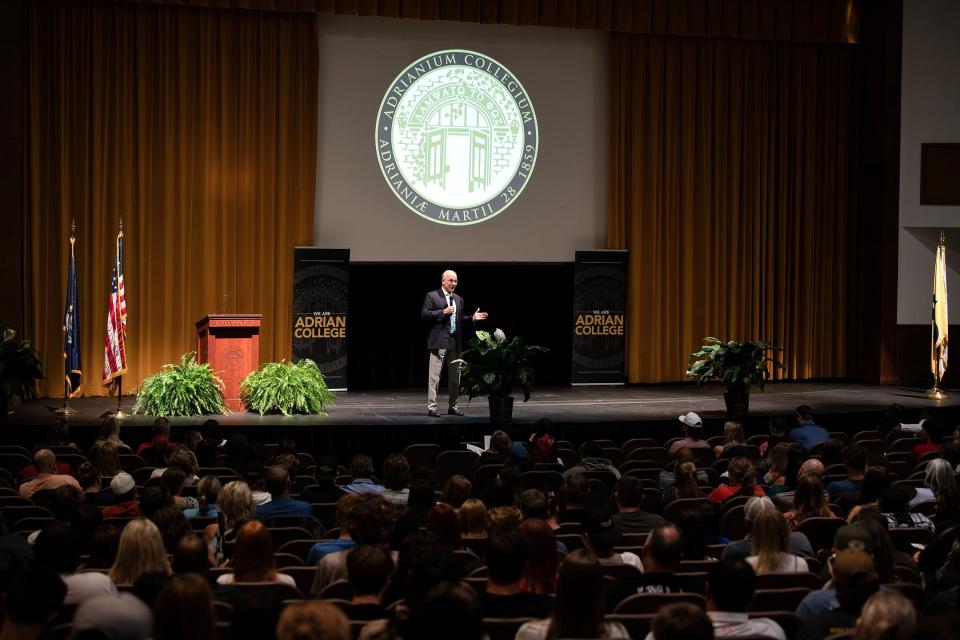 Adrian College President Jeffrey Docking spoke to students and their family members in Dawson Auditorium as part of the college's "Sneak Peek Day" activities and events on Friday, July 12, 2024.