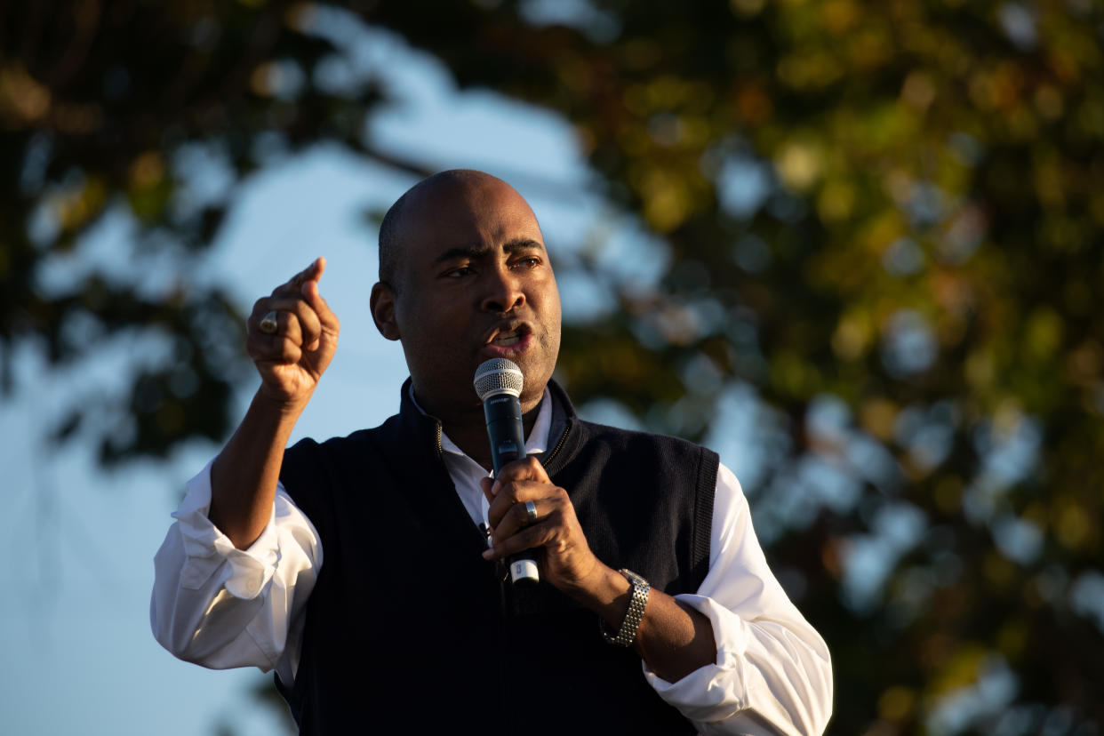 Democratic candidate for Senate Jaime Harrison addresses supporters during a socially distanced drive-in rally held at The Bend in North Charleston, South Carolina on October 17, 2020. (Logan Cyrus/AFP via Getty Images)