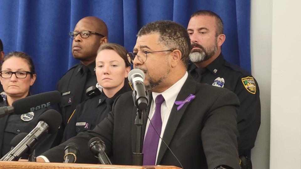 Khary Gaynor, deputy director of the State Attorney's Office's Special Victims Unit, speaks during the Oct. 3 kickoff of Domestic Violence Awareness Month at the Jacksonville Sheriff's Office.